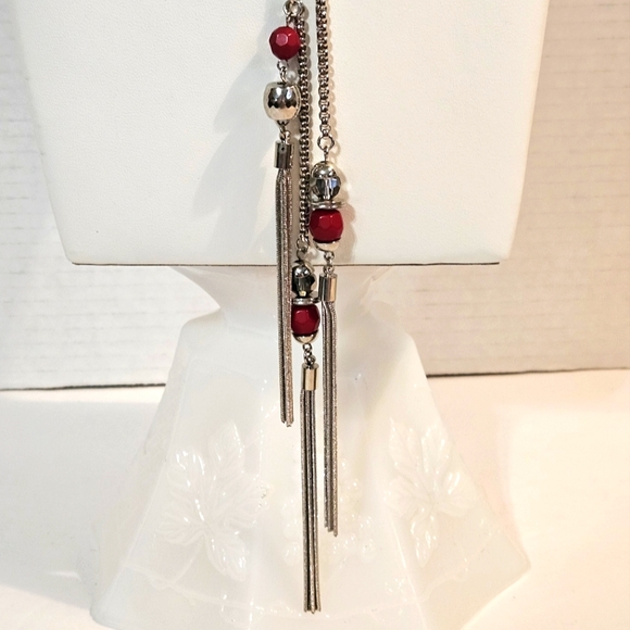 Vintage 80s Jules Long Necklace Lariet Style Red Beads & Smokey Quartz Crystals - Picture 6 of 16